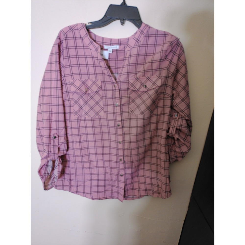 Notations Blouse Womens Large Pink Grid Plaid Roll Tab Sleeve V-Neck Officecore